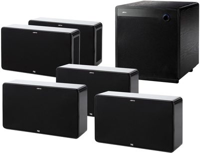 Sada kompaktních reproduktorů Jamo THX D 500PTX v černé barvě, 6 reproduktorů různých velikostí a 1 krychlový subwoofer