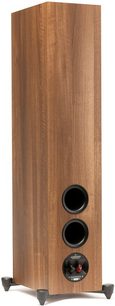 Sloupcový reproduktor MartinLogan Foundation F1 v ořechovém provedení, pohled zepředu, dřevěné tělo, dva kulaté černé reproduktory, kovové nožičky
