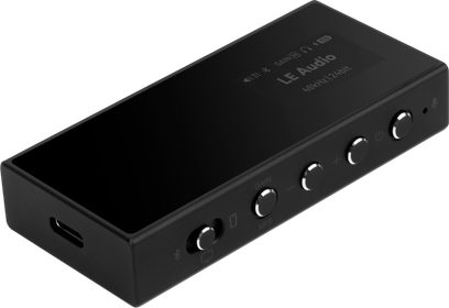 Convertor audio portabil Questyle M18i negru, carcasă cu ecran LE Audio, butoane laterale și port USB-C