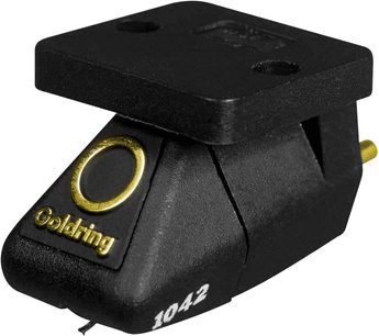 Trapezformet mat sort vinylpladespiller-cellule fra Goldring G1042, diamantnål, forgyldt logo, 4 farvede ledninger