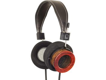Grado RS1x open-back hi-fi headphones, side view, black leather headband, black foam ear pads, wooden housing, metal grille
