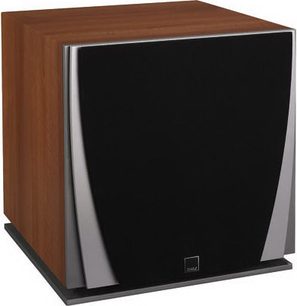 Dali Ikon Sub kubisk baskabin, mørkt træ, sort frontpanel, sølvfarvede skrå kanter, mørkegrå bund