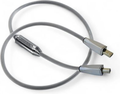 Siltech Explorer 45 USB-kábel, szürke fonott köpeny, fém USB‑A és mini‑USB csatlakozók, integrált modul, felülnézet
