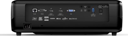 Optoma UHD51 videoprojektor, bagside, HDMI-, VGA-, USB-, lyd-, netværks- og strømtilslutninger, nærbillede
