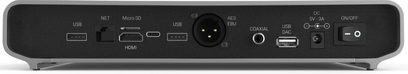 Volumio Rivo classic -verkkosoitin, takanäkymä, USB-liittimet, netti, micro SD, HDMI, AES/EBU, koaksiaali, USB DAC, virtalähde, kytkin