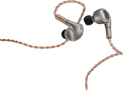 Satenasto sivi ušesni čepki Astell&Kern LUNA s črnimi nastavki in pletenim bakreno rožnatim kablom