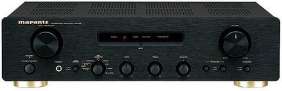 Marantz PM-6002 stereo hi-fi forstærker, sort front, forgyldte knapper og stik, set forfra