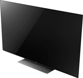 Televizor Panasonic TX-55EZ950E OLED de 55 inch, ecran negru oprit, vedere frontală ușor înclină, pe picior metalic