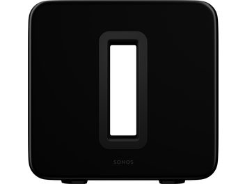 Sonos Sub (Gen 3) subwoofer i blank sort, set forfra, afrundet rektangulær form med oval åbning i midten