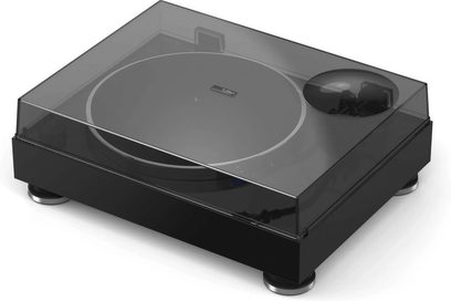 Reloop TURN X zwarte platenspeler, bovenaanzicht in perspectief, ronde platenplaat, tonarm, transparante stofkap