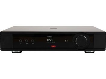 Siyah stereo amplifikatör, USB ekranlı parlak ön panel, üç ön düğme ve büyük ses seviyesi düğmesi, önden görünüm