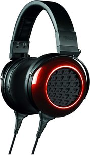 Fostex TH909 musta avoin hifi-kuuloke, vasen viistonäkymä, pyöreät punaiset hehkuvat korvakupit, pehmustettu sanka