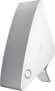 Trådløs, tilsluttet Samsung WAM 751 højttaler i hvid, set forfra, med metalrist på forsiden