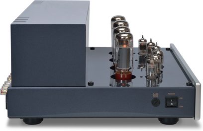 Amplificatore PrimaLuna EVO 300 argento, vista frontale, 4 valvole, interruttore e presa sulla parte anteriore, cabinet grigio scuro