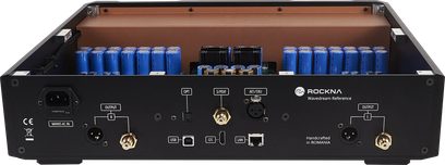 ROCKNA Wavedream Reference audio-konverter, bagfra med åbent kabinet, XLR-, RCA-, USB- og LAN-tilslutninger