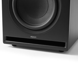 Subwoofer Elipson Premium Sub 12 černý, dřevěný design, široký přední port, viditelný reproduktor, pohled zepředu