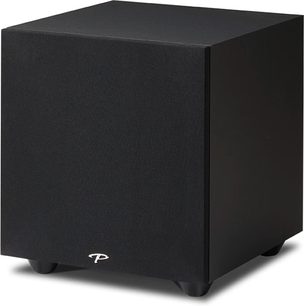 Paradigm Defiance X10 sort satineret subwoofer, set forfra, kubisk form, mat sort materiale, sølvfarvet logo