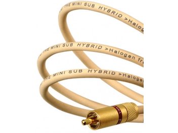 Kultainen Van den Hul The MINI SUB HYBRID RCA-äänikaapeli, 3 pehmeää silmukkaa, musta teksti beigen kuorella