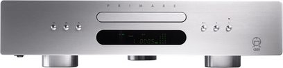 Primare CD21 silver CD player, front view, faceplate with display, CD tray, control buttons, and connectivity ports
