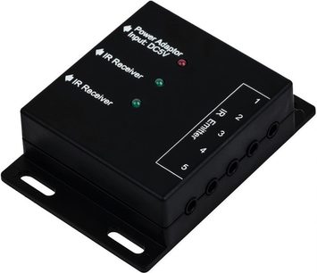 Norstone Design Iryx II black wireless transmitter with 3 LED lights, 5 buttons, and a display showing "Power Adaptor Input: DC5V"
