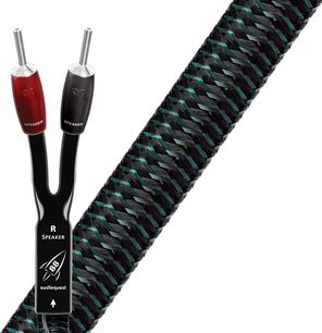 Avdio kabel Audioquest Rocket 88 DBS črne in rdeče barve z dvobarvno črno in turkizno opleteno zaščito, s srebrnimi bananimi konektorji