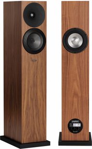 Amphion Argon3LX højttalere i valnød, vist forfra og bagfra, med to frontmonterede transducere, passiv radiator og terminaler