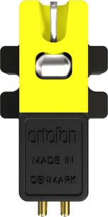 Capsulă DJ Ortofon VNL DANCE negru și galben din plastic și metal, vedere din față, ac cu argintiu și două pini aurii