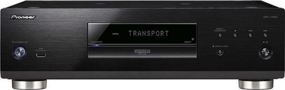 Mat sort frontpanel på Pioneer UDP-LX800 4K Blu-ray-afspiller, blå display, kontrolknapper, diskskuffe