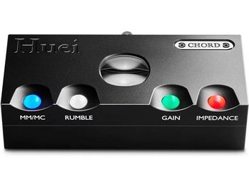 Preamplificatore phono Chord HUEI nero con 4 pulsanti colorati (blu, verde, rosso, giallo) e una manopola rotante centrale argentata
