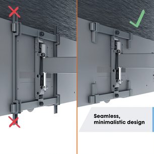 Tumehall seinale kinnitatav telerialus, vaade eest ja küljelt, VESA-kinnitused, minimalistlik ja ühtlane disain
