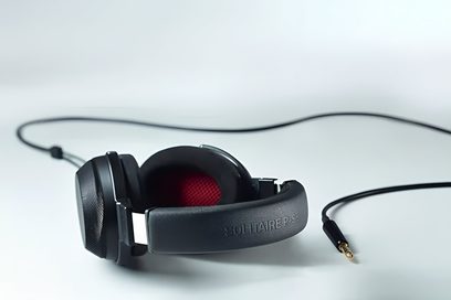 Schräg von oben aufgenommene Ansicht des offenen, kabelgebundenen HiFi-Kopfhörers T+A Solitaire P-SE in Schwarz, gepolsterter Kopfbügel aus genarbtem Kunstleder mit geprägtem Logo, runde Ohrmuscheln mit texturiertem Metallgitter, das einen Blick auf den roten Innenstoff freigibt, abnehmbares Kabel mit vergoldetem Klinkenstecker