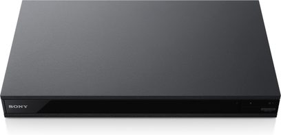 4K Blu-ray-afspiller Sony UBP-X800M2, set forfra, rektangulært sort kabinet, Sony-logo til venstre, glat frontpanel