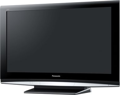 42-tommer sort Panasonic TH-42PZ81 fladskærms-TV, set forfra, slukket, på metalstativ