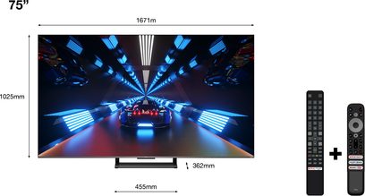 TCL 75C731 2022 75" TV viser et futuristisk blåt køretøj i en oplyst tunnel, med fjernbetjening