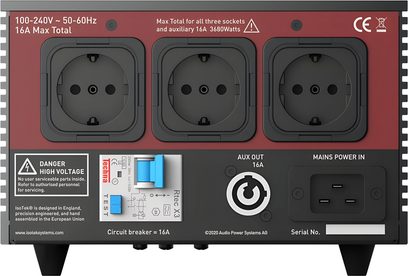 Černý kovový síťový kondicionér IsoTek V5 TITAN, pohled zezadu, s třemi zásuvkami Schuko zarámovanými na červeném panelu, modrým jističem, kruhovým pomocným výstupem 16 A a síťovým vstupem IEC C20