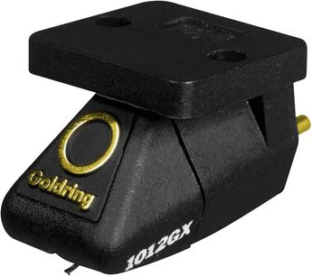 Sort Goldring G1012GX vinylpladespiller-pickup set ovenfra i nærbillede med gylden nål
