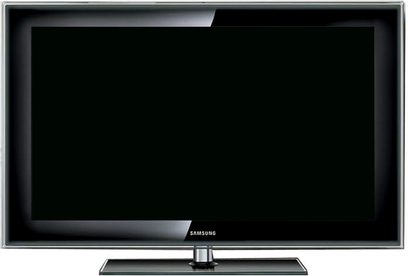 Samsung LE40B620 flat screen rectangular black TV, front view, turned off, on a solid black background