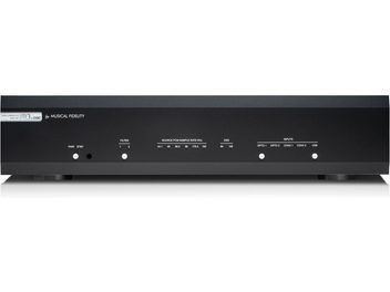Conversor de áudio DAC Musical Fidelity M3x DAC preto com painel frontal retangular, botões redondos, inscrições brancas e pés circulares