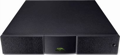 Naim Audio XPS DR sort strømforsyning, set forfra, rektangulær form, front med oplyst grønt logo i midten