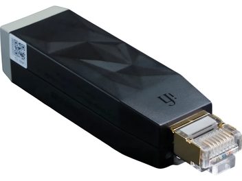 Svart Ethernet-filter Silent Power by iFi Audio LAN iSilencer, med geometriska reliefer och RJ45-kontakt