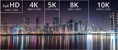 Sammenligning af skærmopløsninger: Full HD, 4K, 5K, 8K og 10K med skyline af oplyste skyskrabere reflekteret i vandet om natten