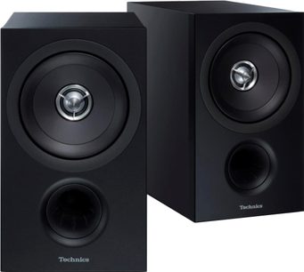 Technics SB-C600E-K sorte bogreolshøjttalere set forfra, mellemtone- og diskanthøjttalere med kuppel