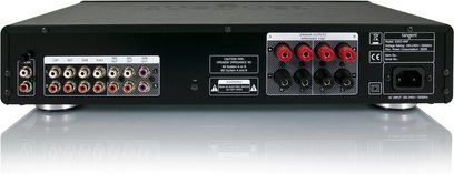 Tangent EXEO Amp sort hi-fi stereforstærker, frontvisning, 8 RCA-indgange, 4 højttalerudgange, USB-port, LED-display