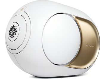 Devialet Phantom Ultimate 108 dB højtaler, Opéra de Paris, hvid plastikskal, gylden metalindsats, højre sidevisning