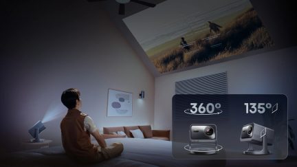 Person sitting on bed, watching projection on the ceiling, two cameras displayed with 360° and 135° angles, white wall