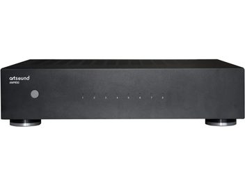 Multiroms- eller multisoner-forsterker ArtSound AMP-850, sett forfra, svart kabinett, 2 sølvfargede sirkulære føtter, 1 rund knapp til venstre, 8 nummererte indikatorer fra 1 til 8