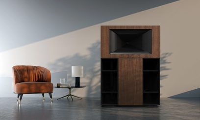 Klipsch Jubilee walnut floorstanding speaker and dark wood TV cabinet with niche, front view from a slightly downward angle
