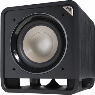 Polk Audio HTS 10 sort baskabin, set forfra, kubisk form, central rund højttaler, mat sort finish