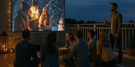 Gruppo su terrazza di notte, davanti a uno schermo di proiezione bianco, ghirlande, lanterna in metallo, ciotola di popcorn
