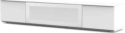 Niska biała szafka RTV Sonorous STA200I, 2 błyszczące drzwi przesuwne, blat górny, minimalistyczny design